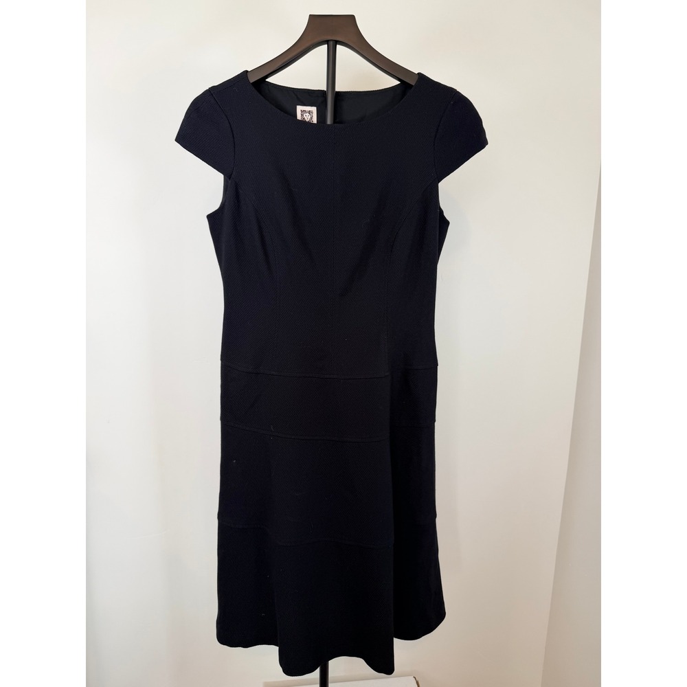 Anne Klein Navy Black Textured Cap Sleeve Fit and Flare Tiered Dress Size 6